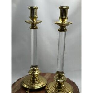 Ethan Allen Home Altar Brass Lucite Candlestick Holders Candle Pair Set Of 2